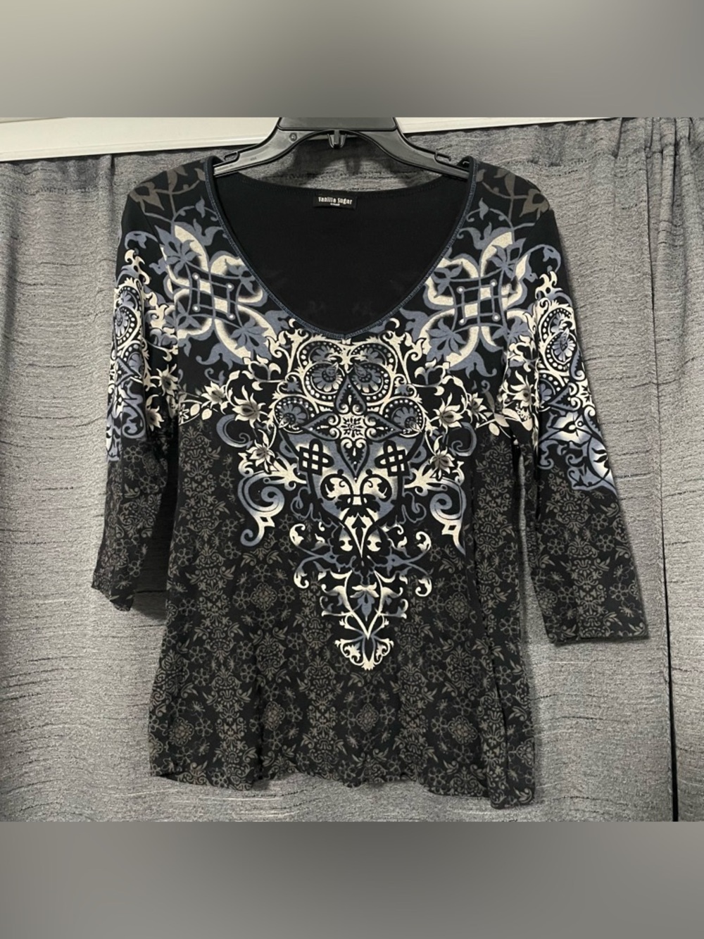 Y2K Affliction Style 3/4 Sleeve Grunge Goth Rhinestone Paisley Shirt Top Size S